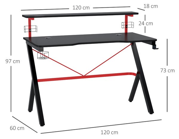 HOMCOM Scrivania Gaming con Ripiano Monitor, Scrivania Porta PC Gaming con Gancio e Portabicchieri Nera e Rossa, 120x60x97cm|Aosom