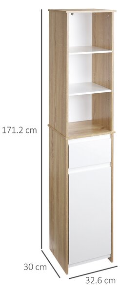 Kleankin Mobile Colonna Bagno con Armadietto, Cassetto e 3 Ripiani Aperti, in Legno, 32.6x30x171.2cm, Bianco|Aosom
