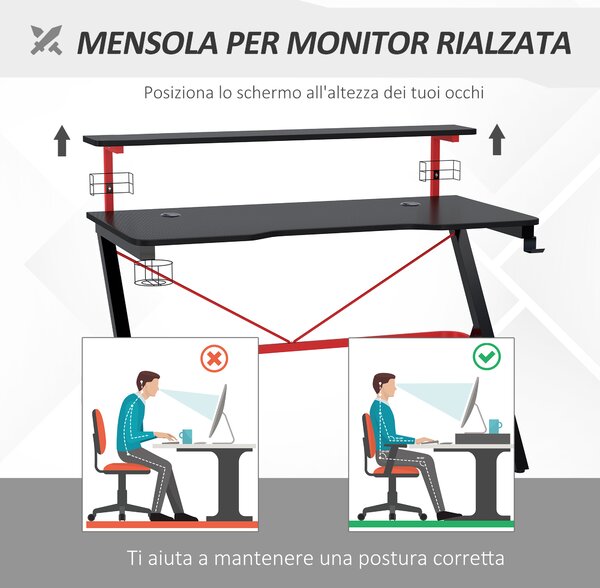 HOMCOM Scrivania Gaming con Ripiano Monitor, Scrivania Porta PC Gaming con Gancio e Portabicchieri Nera e Rossa, 120x60x97cm|Aosom