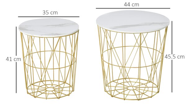 HOMCOM Set 2 Tavolini da Caffè in Acciaio e MDF Moderni con Piano d'Appoggio Rimuovibile, Tavolini Contenitori, Φ44x45.5cm/Φ35x41cm Bianco Oro | Aosom