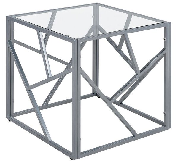 Tavolino Laterale Piano In Vetro Trasparente Struttura In Metallo Argento Cubo 50 x 50 cm Glam Modern Beliani