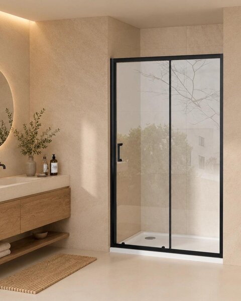 Nicchia doccia 140 cm Nuvola Slim scorrevole 6 mm trasparente nero H 190