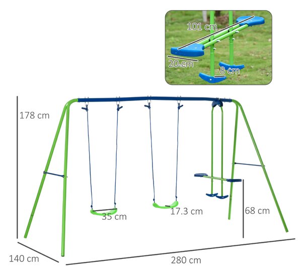 Outsunny Set Altalene da Giardino per 4 Bambini, 1 Altalena Doppia e 2 Altalene Singole, Metallo e PE, 280x140x178cm, Verde Blu|Aosom