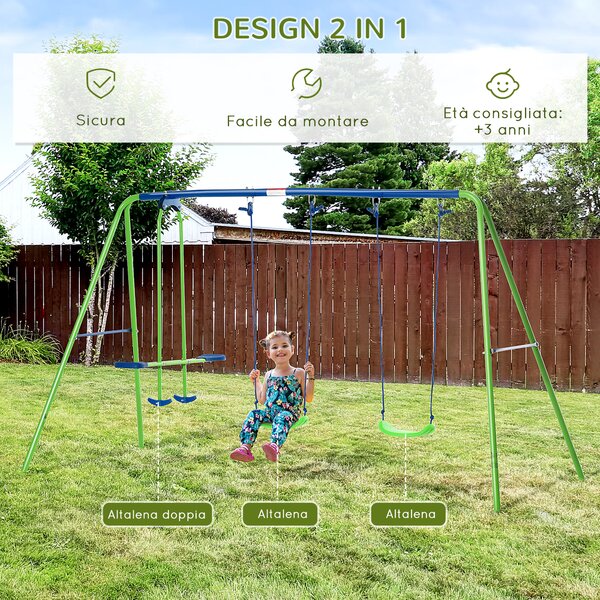 Outsunny Set Altalene da Giardino per 4 Bambini, 1 Altalena Doppia e 2 Altalene Singole, Metallo e PE, 280x140x178cm, Verde Blu|Aosom