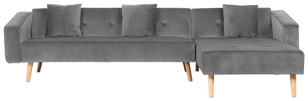 Divano letto ad angolo con 3 cuscini Rivestimento in velluto grigio Gambe in legno chiaro Chaise longue reclinabile sinistra a 4 posti Beliani