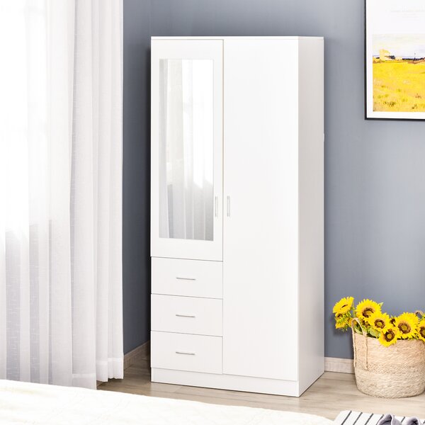 HOMCOM Armadio Moderno Guardaroba 2 Ante con Specchio e 3 Cassetti, Mensole Regolabili e Barra Appendiabiti, 80x50x180cm, Bianco|Aosom