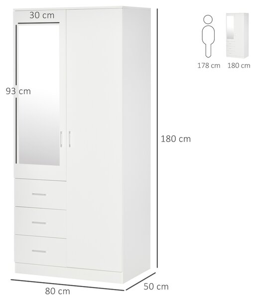 HOMCOM Armadio Moderno Guardaroba 2 Ante con Specchio e 3 Cassetti, Mensole Regolabili e Barra Appendiabiti, 80x50x180cm, Bianco|Aosom