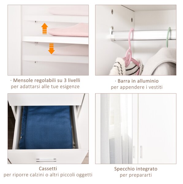 HOMCOM Armadio Moderno Guardaroba 2 Ante con Specchio e 3 Cassetti, Mensole Regolabili e Barra Appendiabiti, 80x50x180cm, Bianco|Aosom