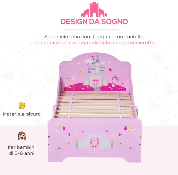 HOMCOM Letto per Bambini con Spondine di Sicurezza in Legno per Cameretta, Lettino per Bimbi da 3-6 Anni, 143x73x60cm, Rosa|Aosom