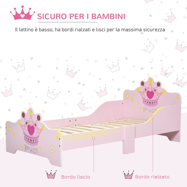 HOMCOM Letto per Bambini con Bordi Rialzati e 6 Gambe in Legno per Cameretta, Lettino per Bimbi da 3-6 Anni, 143x73x60cm, Rosa|Aosom