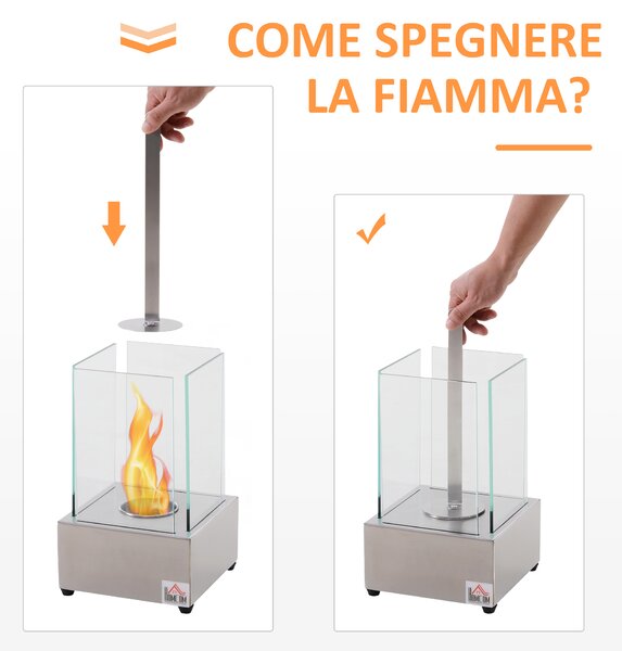 HOMCOM Camino a Bioetanolo da Tavolo con Bruciatore da 0.4L, Biocamino in Acciaio e Vetro per Interni ed Esterni, 20x20x33cm, Argento|Aosom