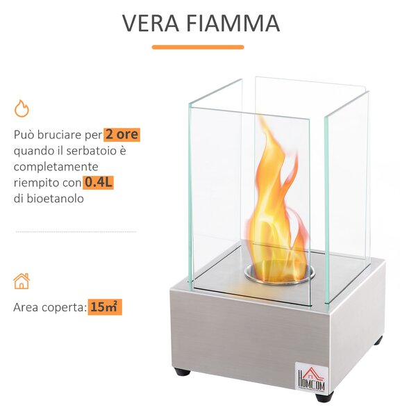 HOMCOM Camino a Bioetanolo da Tavolo con Bruciatore da 0.4L, Biocamino in Acciaio e Vetro per Interni ed Esterni, 20x20x33cm, Argento|Aosom