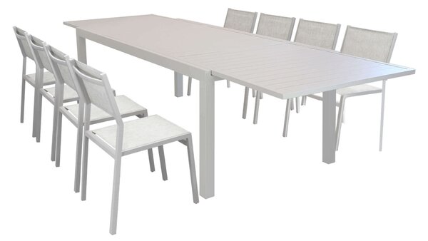 DEXTER - set tavolo in alluminio e teak cm 200/300 x 100 x 74 h con 8 sedie Aulus