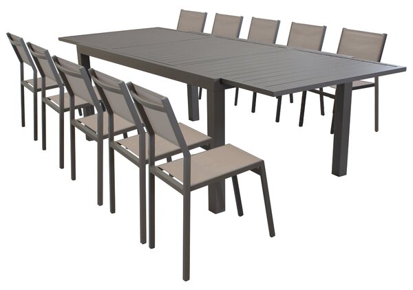 DEXTER - set tavolo giardino rettangolare allungabile 200/300x100 con 10 sedie in alluminio e textilene taupe da esterno