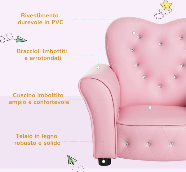 HOMCOM Poltroncina per Bambini Imbottita, Poltrona per cameretta con Rivestimento in PVC e Struttura in Legno, 59x41.5x49cm, Rosa|Aosom