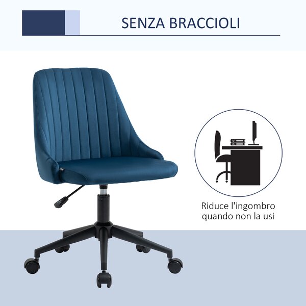 Vinsetto Sedia da Ufficio con Rotelle Girevole Ergonomica, Altezza Regolabile, in Tessuto Effetto Velluto, Blu | Aosom