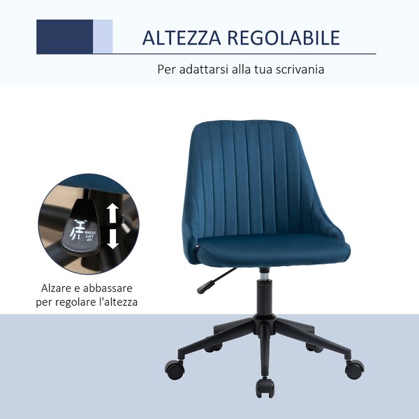 Vinsetto Sedia da Ufficio con Rotelle Girevole Ergonomica, Altezza Regolabile, in Tessuto Effetto Velluto, Blu | Aosom