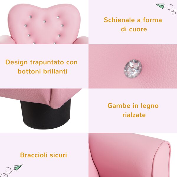 HOMCOM Poltroncina per Bambini Imbottita, Poltrona per cameretta con Rivestimento in PVC e Struttura in Legno, 59x41.5x49cm, Rosa|Aosom
