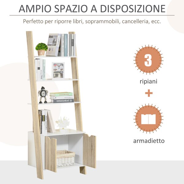 HOMCOM Mobile Libreria a Scala con 3 Mensole e Armadietto, Scaffale Moderno Stile Nordico in Legno, 60x40x171cm, Rovere e Bianco|Aosom