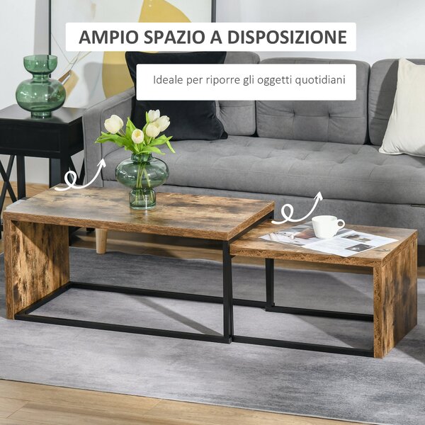 HOMCOM Set di 2 Tavolini da Salotto Impilabili e Salvaspazio in Stile Industriale, Legno MDF e Metallo, Marrone e Nero|Aosom