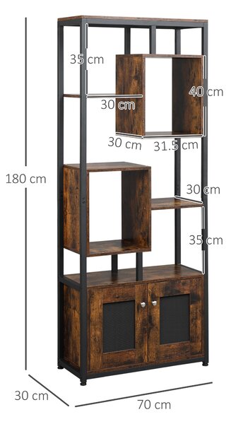 HOMCOM Mobile Libreria Scaffale in Stile Industriale con Armadietto a 2 Ante, Scaffale Salvaspazio a 8 Ripiani 70x30x180cm, Marrone