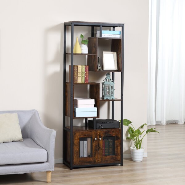 HOMCOM Mobile Libreria Scaffale in Stile Industriale con Armadietto a 2 Ante, Scaffale Salvaspazio a 8 Ripiani 70x30x180cm, Marrone