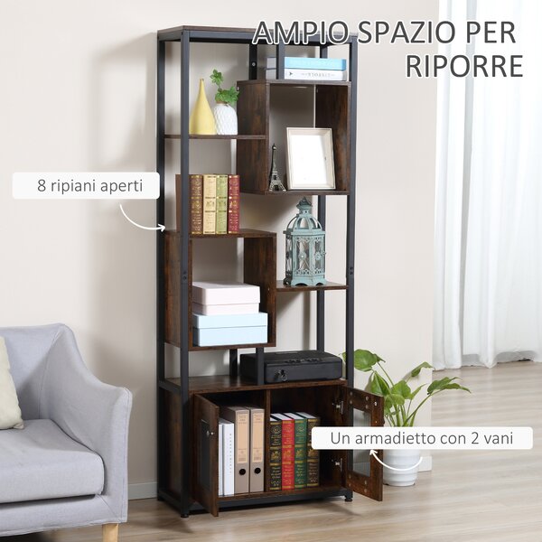 HOMCOM Mobile Libreria Scaffale in Stile Industriale con Armadietto a 2 Ante, Scaffale Salvaspazio a 8 Ripiani 70x30x180cm, Marrone