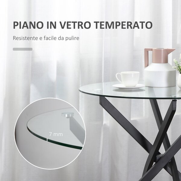 HOMCOM Tavolo Rotondo in Vetro e Gambe Incrociate in Metallo, Tavolino Moderno per Soggiorno e Studio, 80x80x75cm, Nero|Aosom
