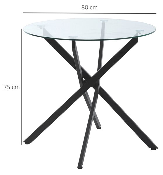 HOMCOM Tavolo Rotondo in Vetro e Gambe Incrociate in Metallo, Tavolino Moderno per Soggiorno e Studio, 80x80x75cm, Nero|Aosom