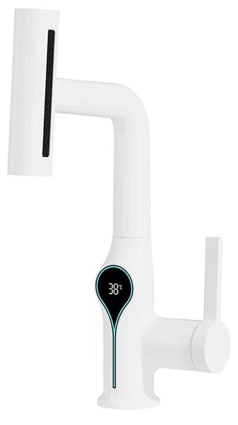 Miscelatore per lavabo a cascata - Miscelatore monocomando con display digitale della temperatura - Acqua calda e fredda - Bocchetta estraibile - Finitura bianca