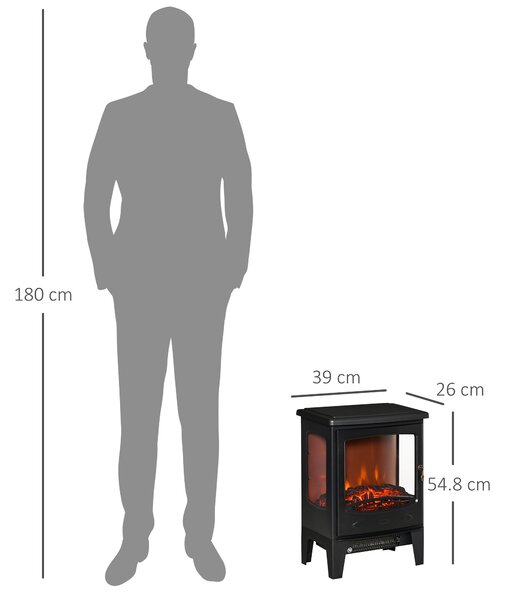 HOMCOM Camino Elettrico Effetto Fiamma e 3 Lati Aperti, Temperatura Regolabile 900W-1800W, Copertura 20-25m², 39x26x54.8cm, Nero