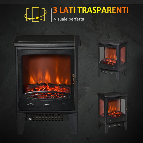 HOMCOM Camino Elettrico Effetto Fiamma e 3 Lati Aperti, Temperatura Regolabile 900W-1800W, Copertura 20-25m², 39x26x54.8cm, Nero