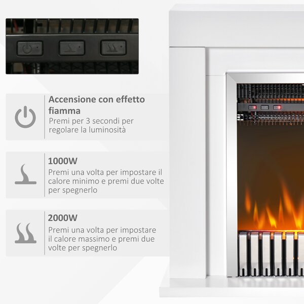 HOMCOM Camino Elettrico da Terra con Effetto Fiamma Realistico, Timer e Telecomando, 1000W e 2000W, 79x26x77.5cm, Bianco e Nero|Aosom