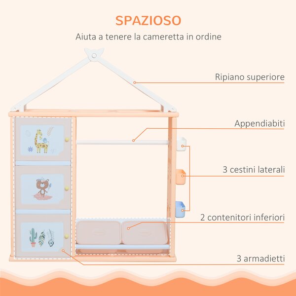 HOMCOM Armadio Cameretta, Mobile Portagiochi con Contenitori e Appendiabiti in PE Arancione, 128x34x155cm|Aosom