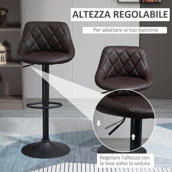 HOMCOM Set 2 Sgabelli da Bar Regolabili in Similpelle con Schienale, Sgabelli da Cucina Moderni con Base in Metallo, Marrone e Nero | Aosom Italy
