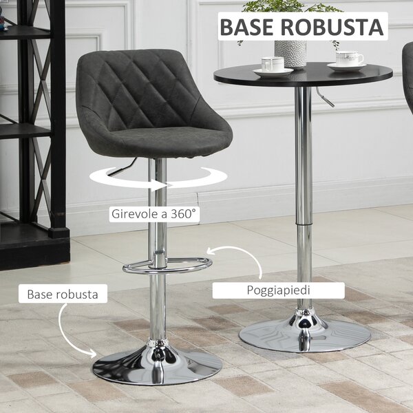 HOMCOM Set 2 Sgabelli da Bar con Schienale e Altezza Regolabile, Sgabelli Bar Design in PU e Base in Metallo, 46x48x83-104cm, Grigio | Aosom Italy