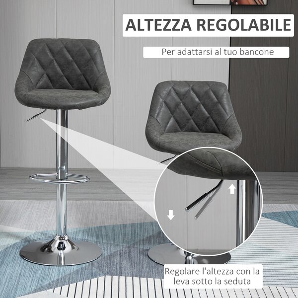 HOMCOM Set 2 Sgabelli da Bar con Schienale e Altezza Regolabile, Sgabelli Bar Design in PU e Base in Metallo, 46x48x83-104cm, Grigio | Aosom Italy