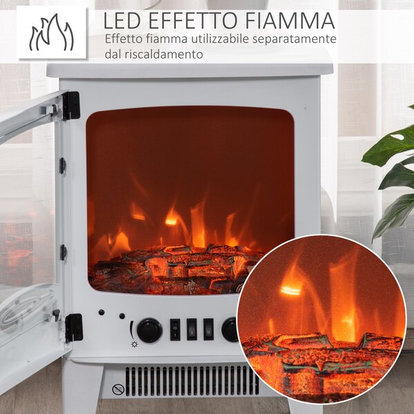 HOMCOM Camino Elettrico da Terra con Effetto Fiamma, Temperatura Regolabile 900W-1800W, Copertura 15-20m², 39x26x54.8cm, Bianco|Aosom