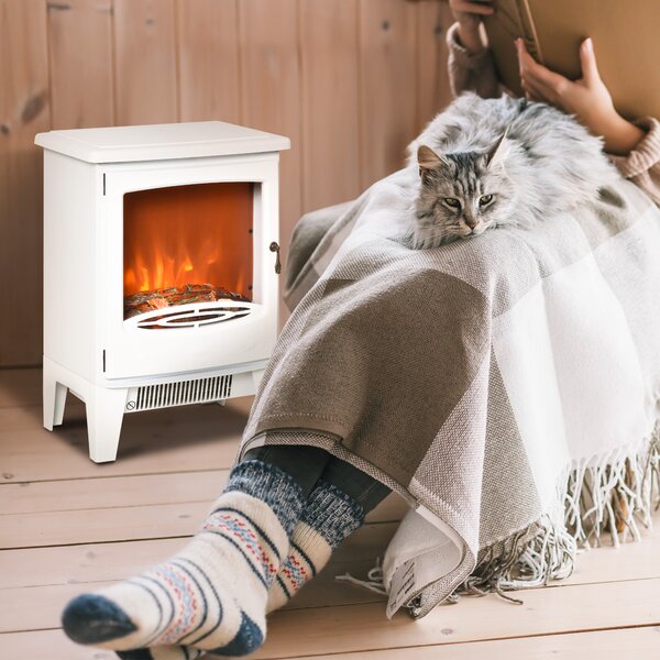 HOMCOM Camino Elettrico da Terra con Effetto Fiamma, Temperatura Regolabile 900W-1800W, Copertura 15-20m², 39x26x54.8cm, Bianco|Aosom