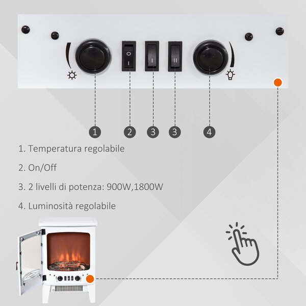 HOMCOM Camino Elettrico da Terra con Effetto Fiamma, Temperatura Regolabile 900W-1800W, Copertura 15-20m², 39x26x54.8cm, Bianco|Aosom
