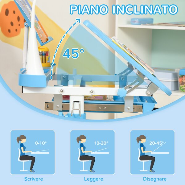 HOMCOM Scrivania per Bambini con Sedia Regolabile per Età 6-12 Anni Piano Inclinabile a 45 Gradi con Lampada LED Acciaio e MDF Blu|Aosom