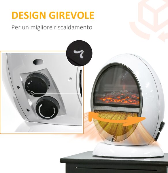 HOMCOM Camino Elettrico da terra con Effetto Fiamma Regolabile e finestra frontale trasparente, Ruotabile e Portatile,1500W, Bianco | Aosom Italy