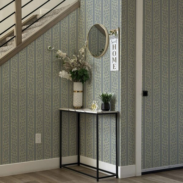 Carta da parati Ornamento floreale a righe con ghiande nei toni del blu e del beige, Parati classici in stile shabby chic, a00181 : Uwalls.it