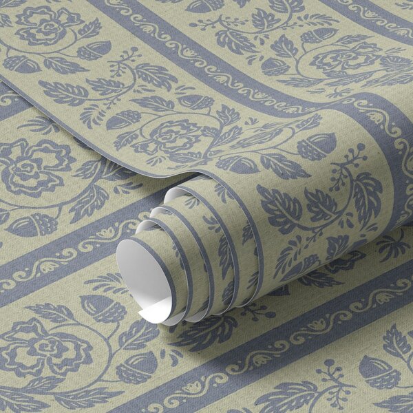 Carta da parati Ornamento floreale a righe con ghiande nei toni del blu e del beige, Parati classici in stile shabby chic, a00181 : Uwalls.it