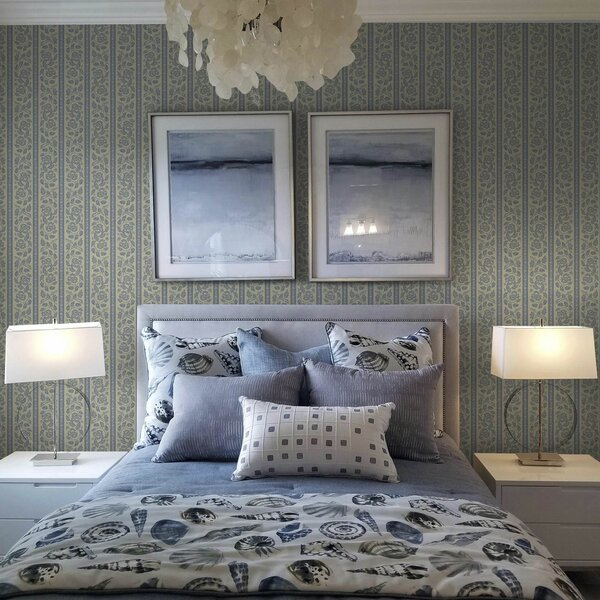 Carta da parati Ornamento floreale a righe con ghiande nei toni del blu e del beige, Parati classici in stile shabby chic, a00181 : Uwalls.it