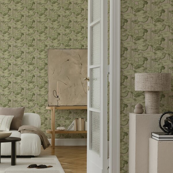 Carta da parati Foglie di loto grafiche in stile retrò su sfondo beige, Parati fiori e piante classici, a00188 : Uwalls.it