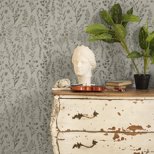 Carta da parati Erbe da prato monocromatiche in stile vintage, Parati classici in stile inglese, a00192 : Uwalls.it