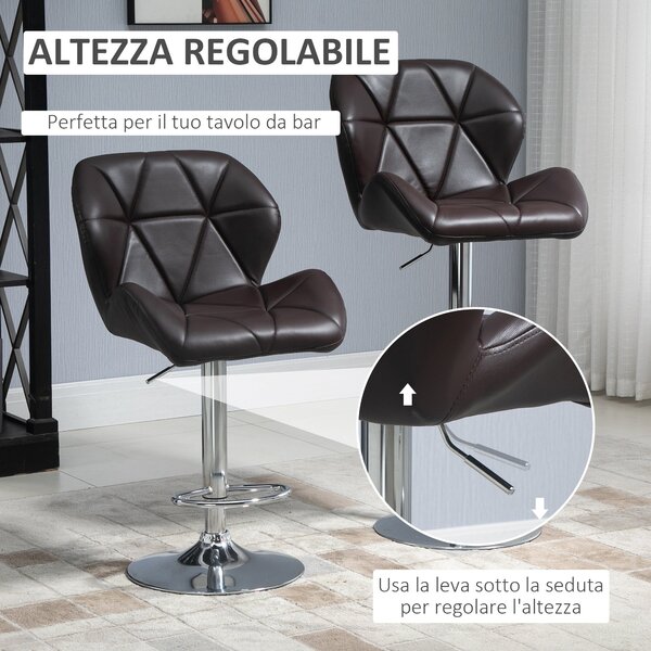 HOMCOM Set 2 Sgabelli da Bar Girevoli con Altezza Regolabile, Rivestimento Similpelle e Base Rotonda, 51.5x57.5x93-114.5cm, Marrone|Aosom