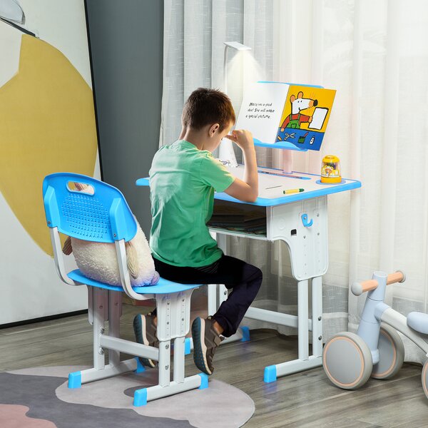 HOMCOM Banco Scuola con Sedia per Bambini 6-12 Anni Altezza Regolabile, Lampada LED, Leggio e Portapenne, Acciaio e MDF, Blu|Aosom