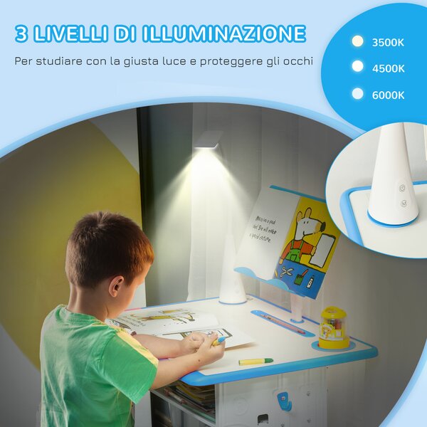 HOMCOM Banco Scuola con Sedia per Bambini 6-12 Anni Altezza Regolabile, Lampada LED, Leggio e Portapenne, Acciaio e MDF, Blu|Aosom